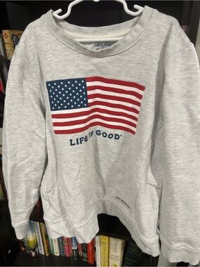 Life Is Good Cream Crewneck with American Flag Graphic